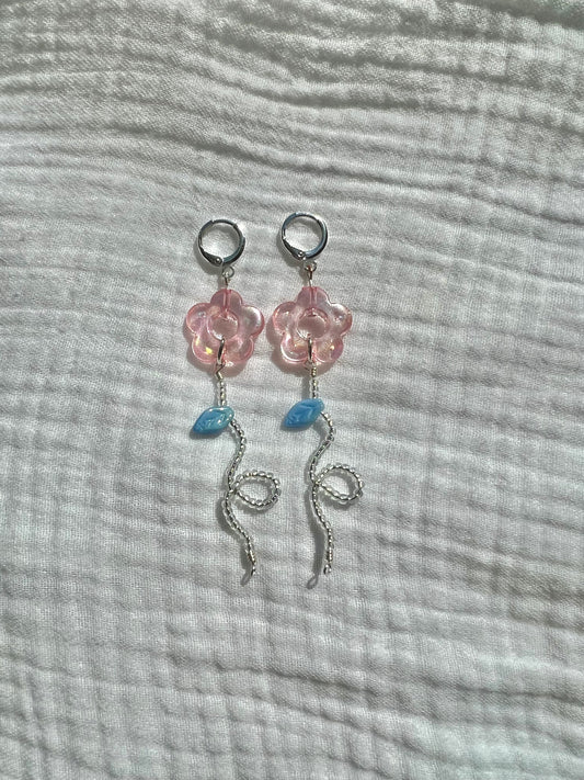 Funky Flower Beaded Earrings - Pink